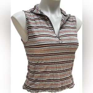BKE STRIPED RETRO 70s INSPIRED COLLARED ZIPPER FRONT TANK TOP